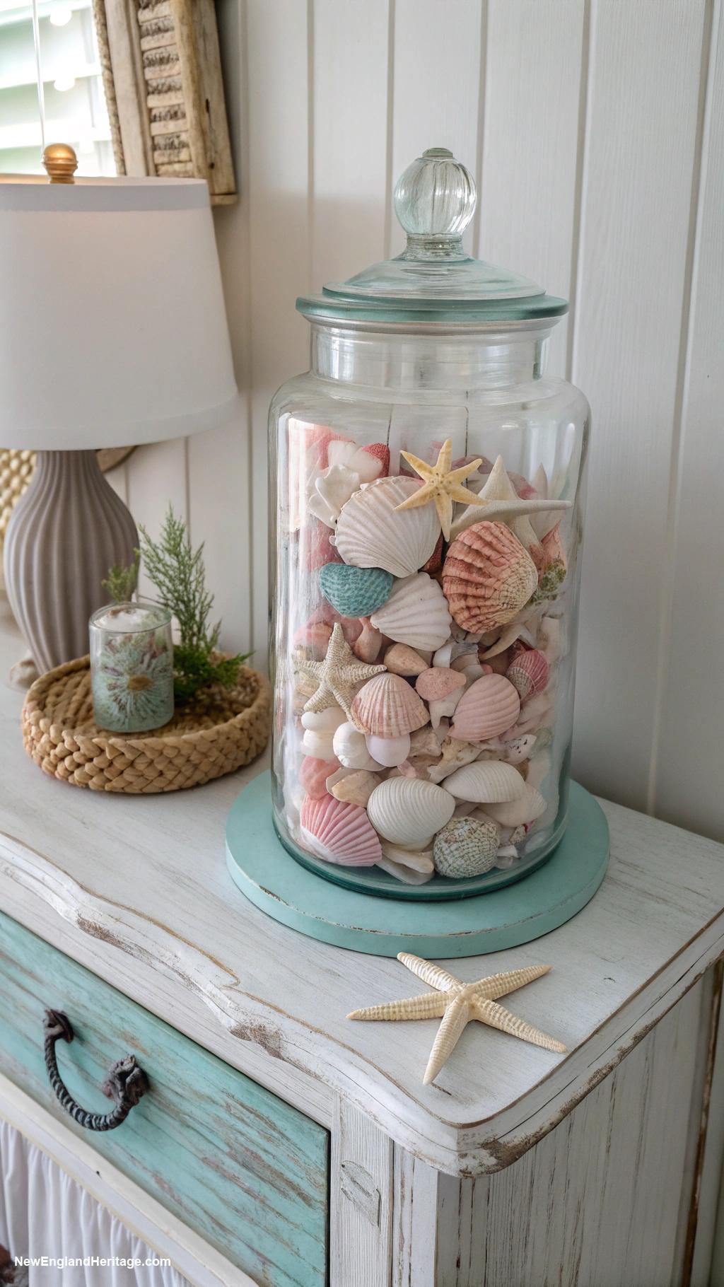 coastal nightstand decor Seashell collection in a glass jar