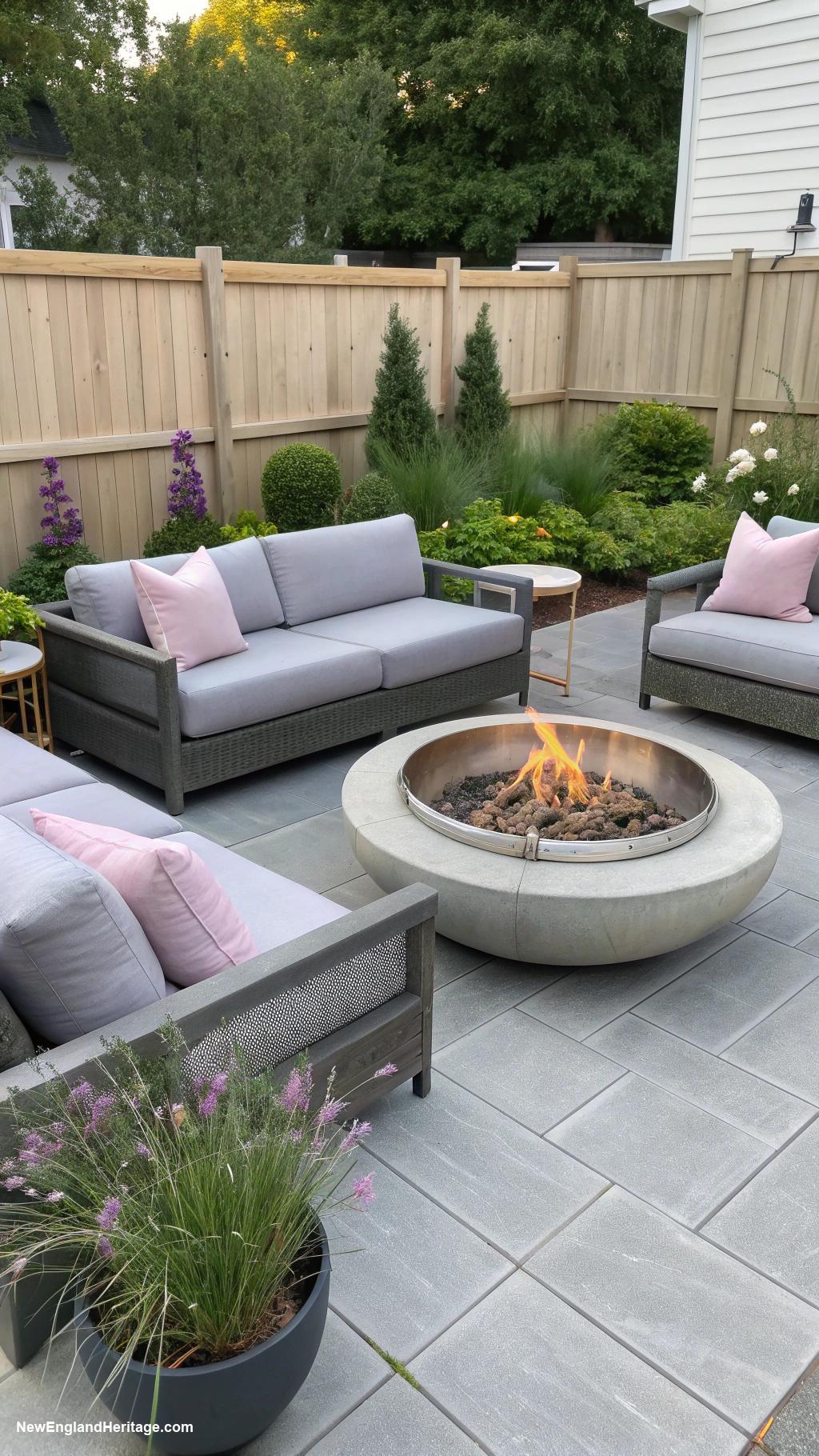 gray patio ideas Choose a sleek fire pit centerpiece