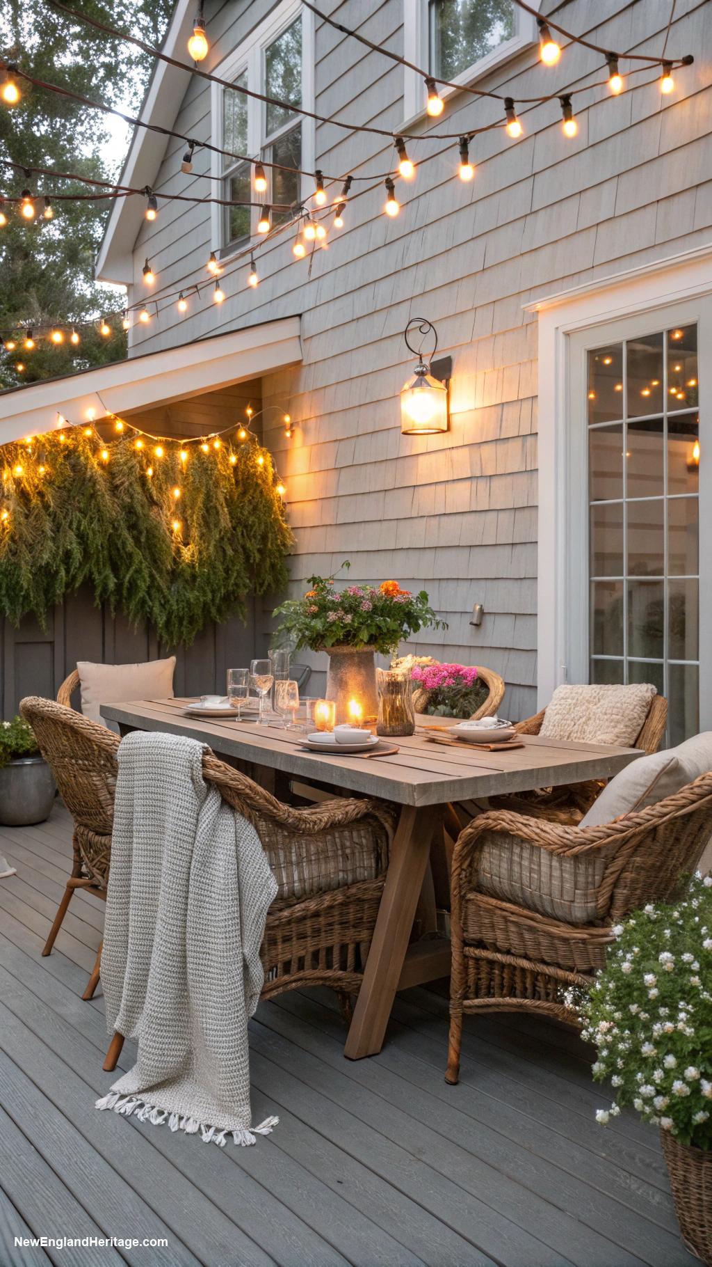 gray patio ideas Install ambient string lights for warmth