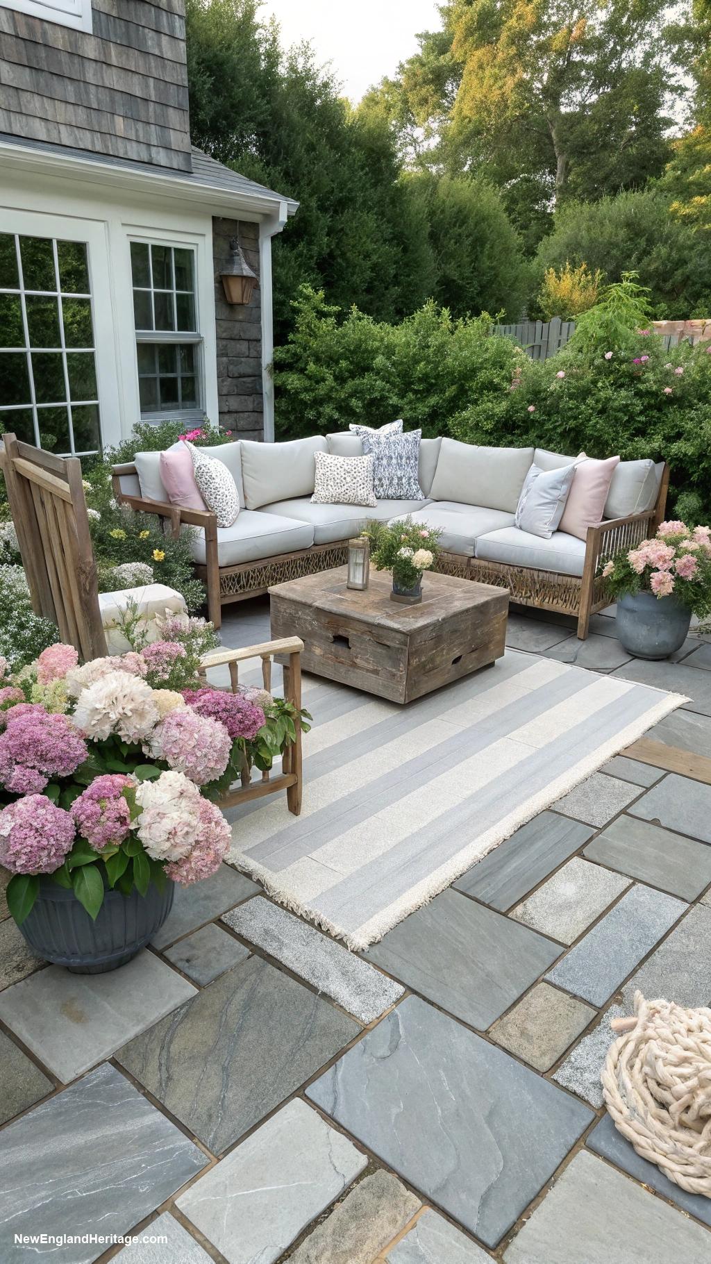 gray patio ideas Use striped outdoor rugs for texture