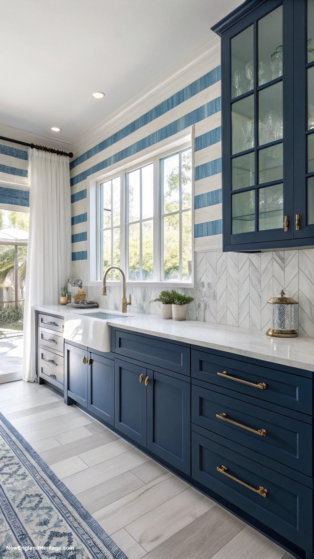 navy blue coastal kitchens Blue and white striped backsplash