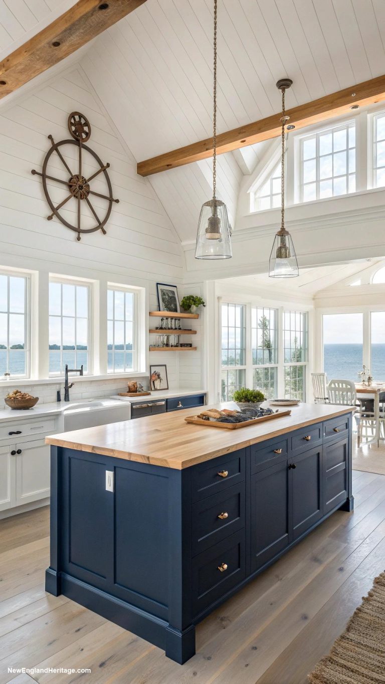 navy blue coastal kitchens Light wood accents with navy colors