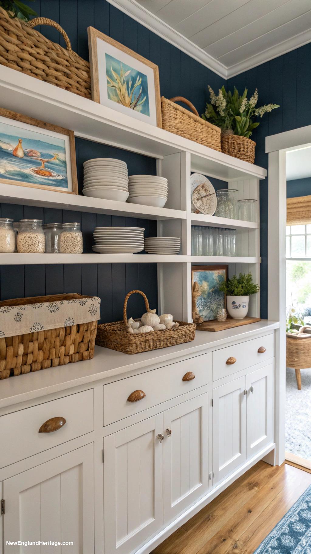 navy blue coastal kitchens Open shelving for coastal decor