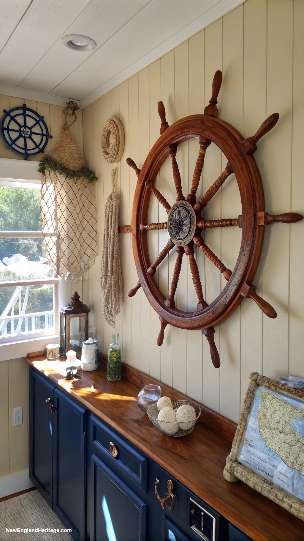 navy blue coastal kitchens Ship wheel as wall decoration