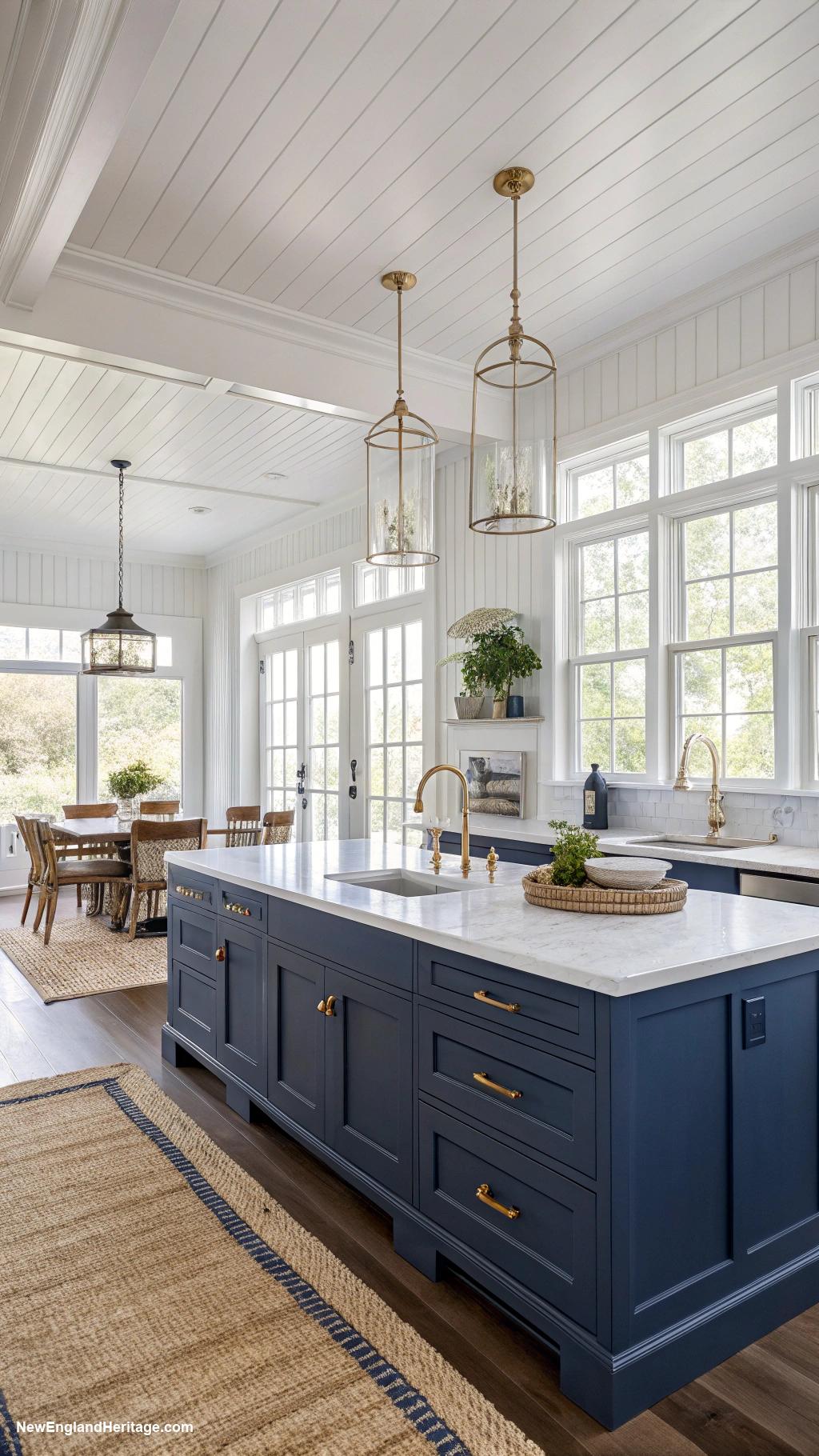 navy blue coastal kitchens White shiplap walls with navy trim