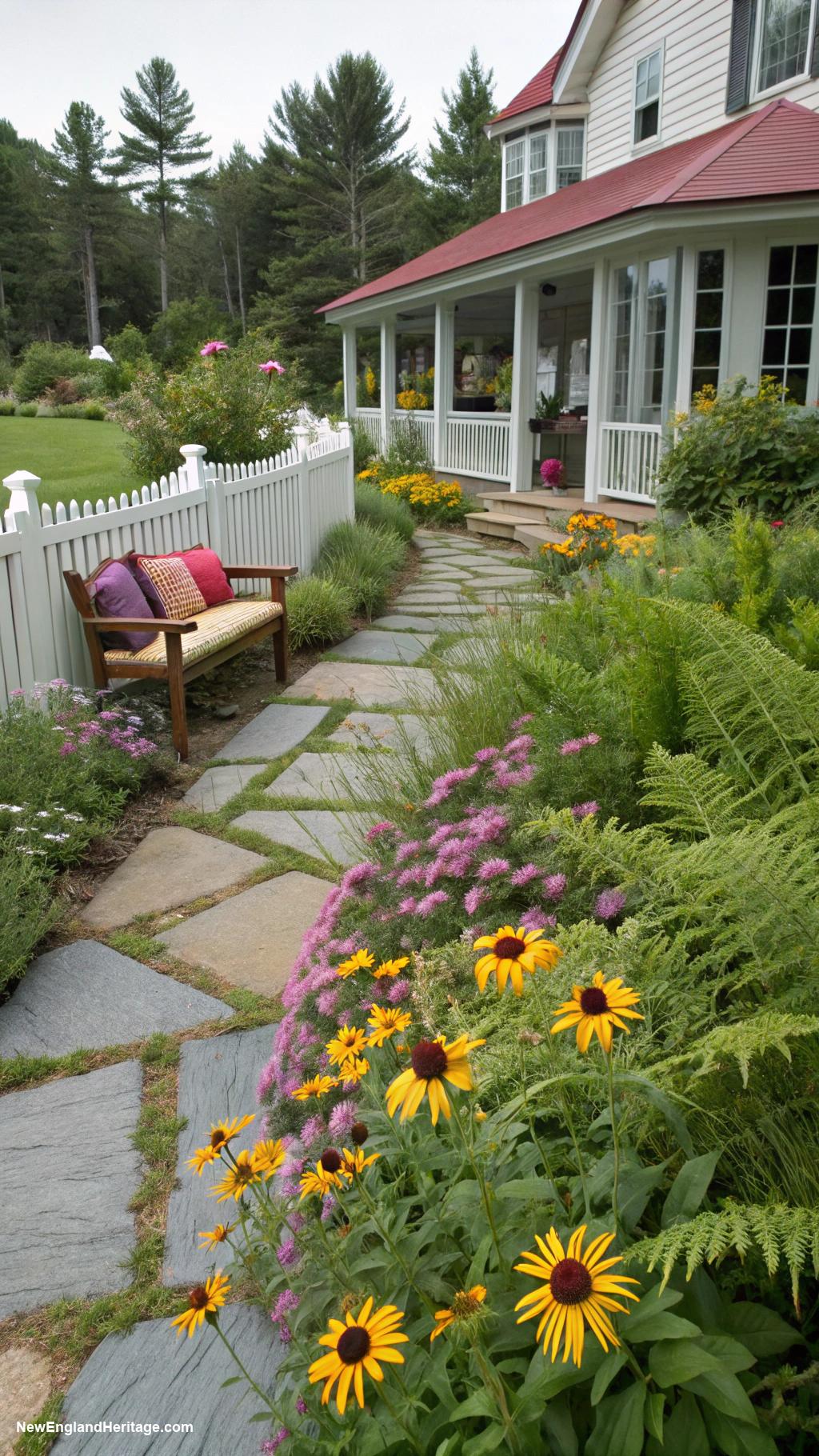 new england home exterior Landscaped gardens with native New England plants