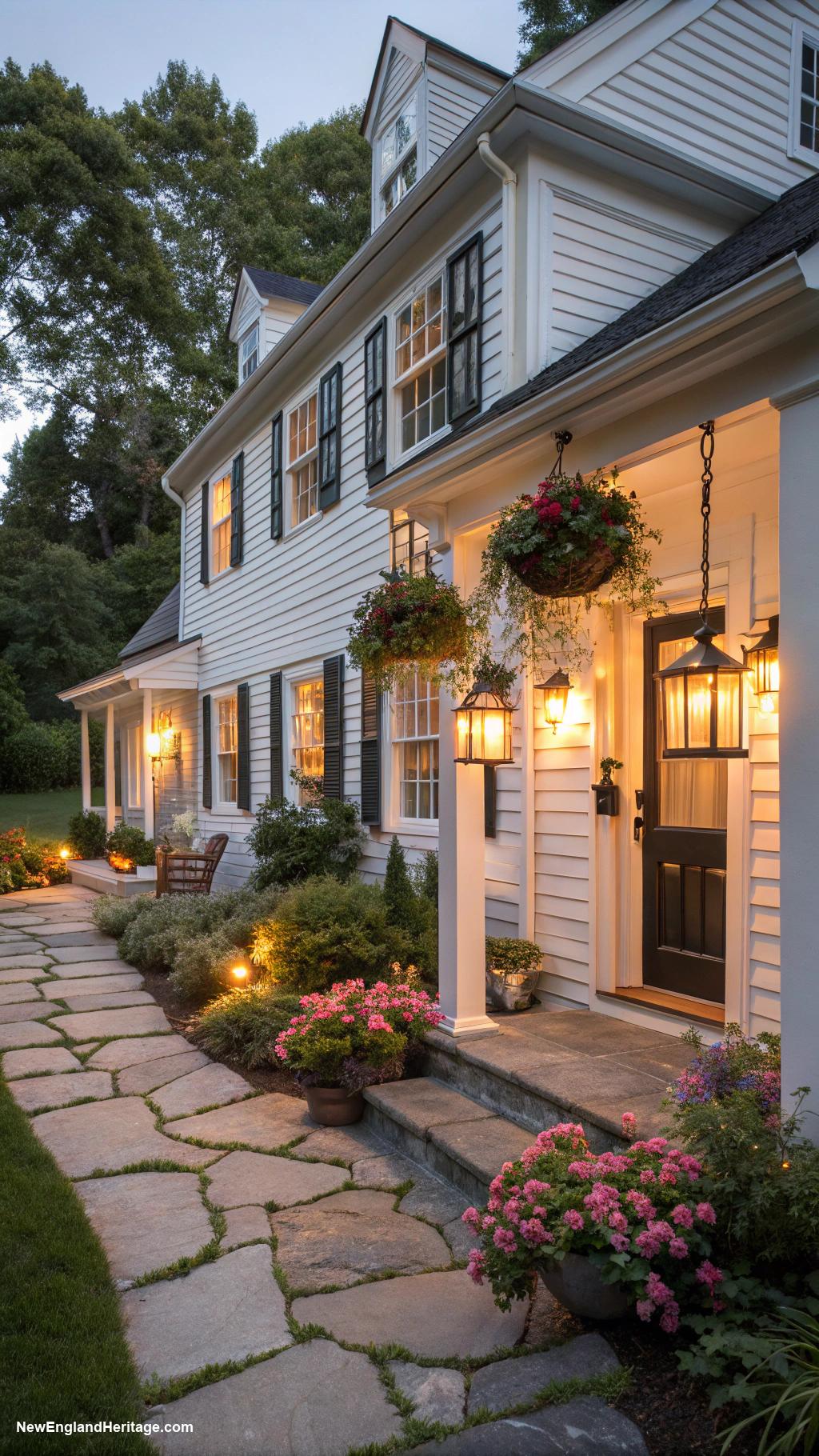new england home exterior Outdoor lighting for evening ambiance