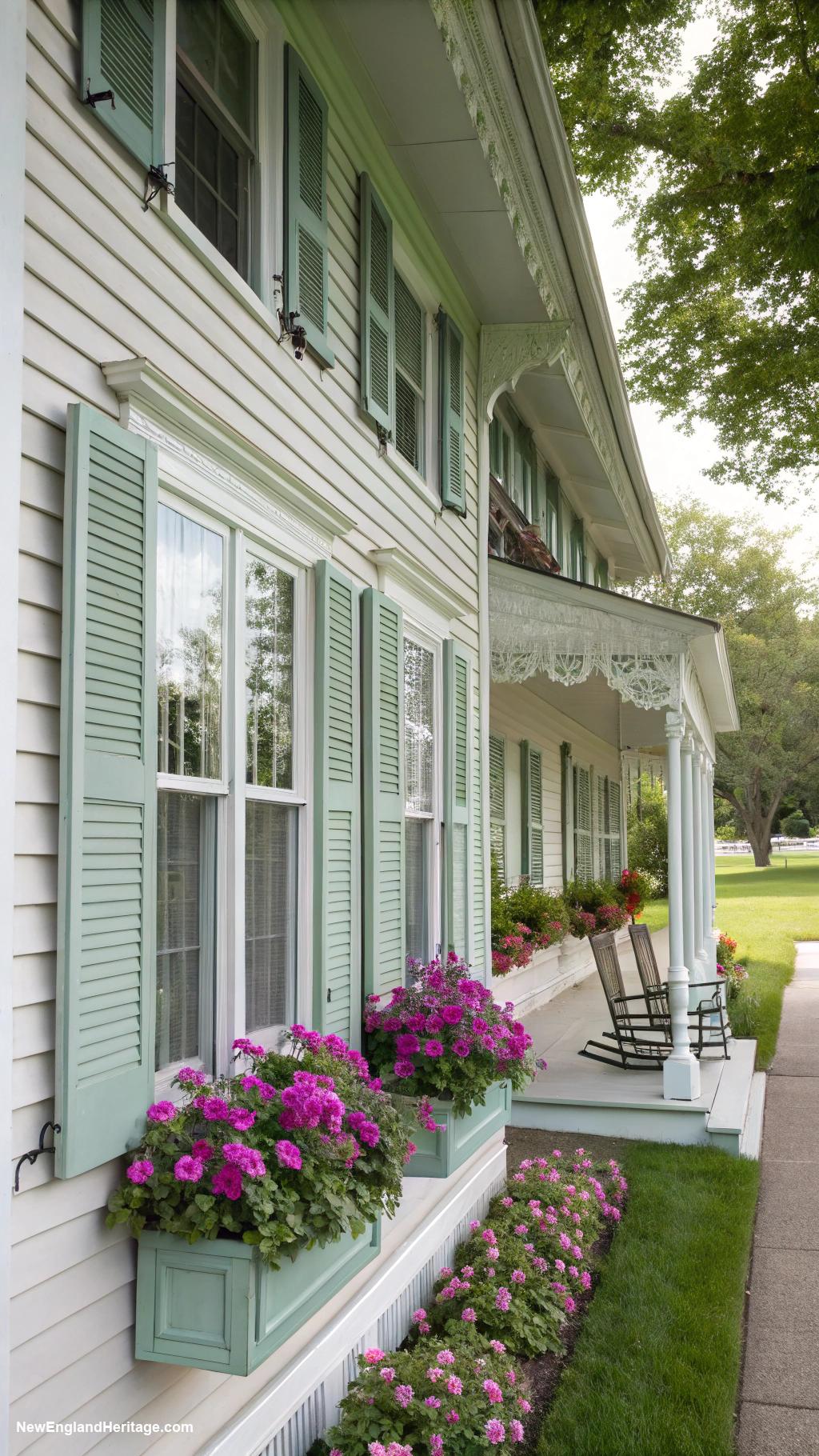 new england home exterior Vintage style window shutters for added character