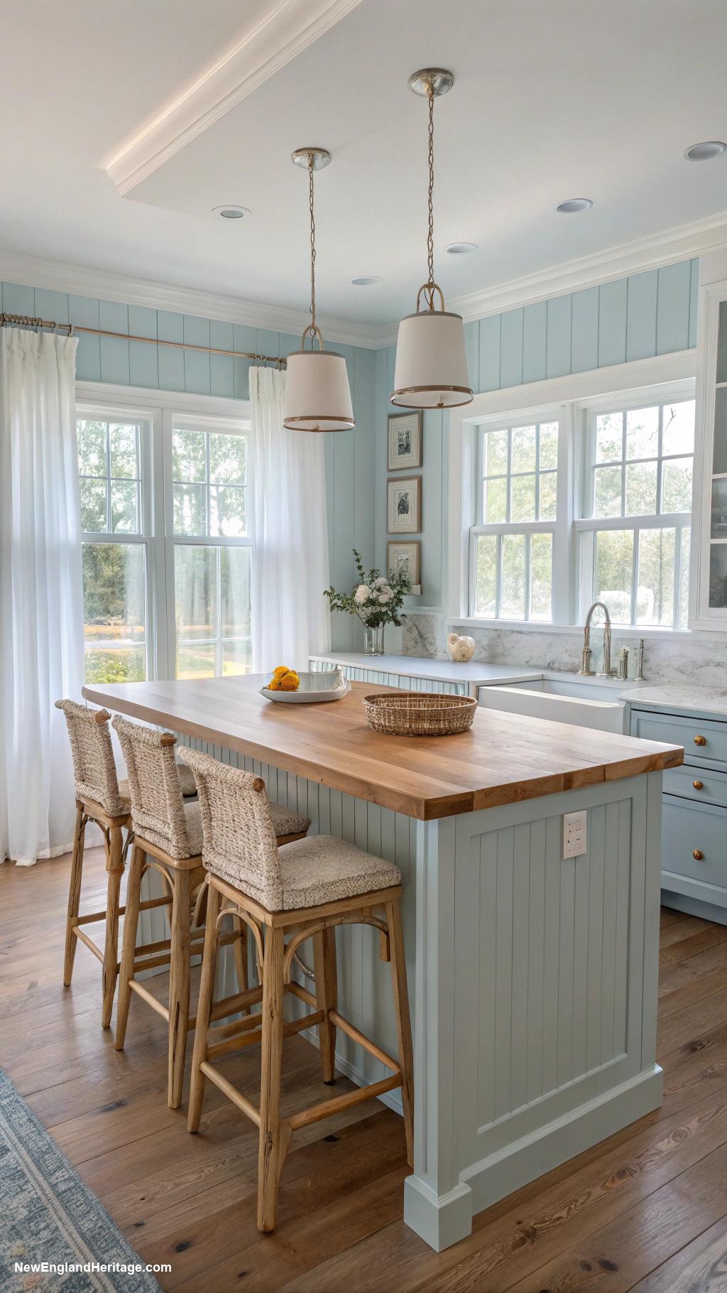 pale blue coastal kitchens Natural wood island with coastal stools