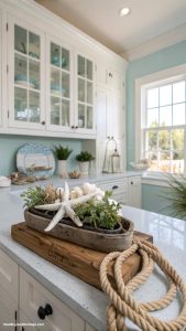 pale blue coastal kitchens Nautical elements like rope and driftwood