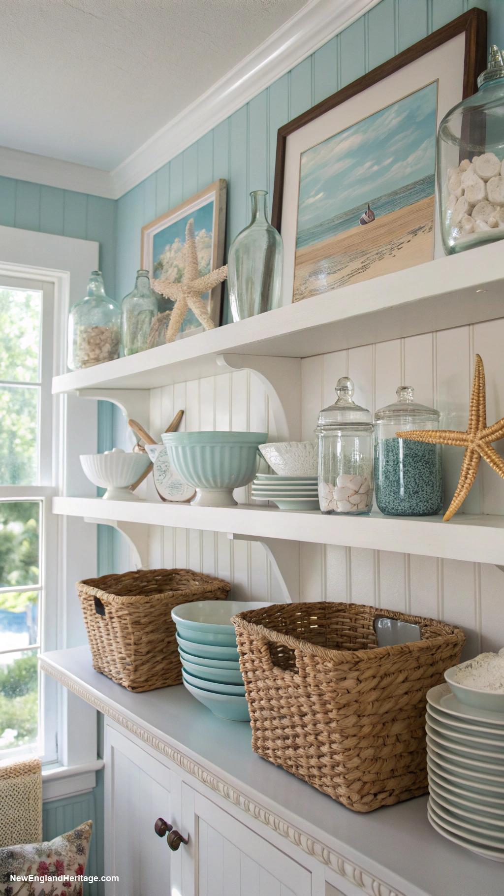 pale blue coastal kitchens Open shelving for seaside decor display