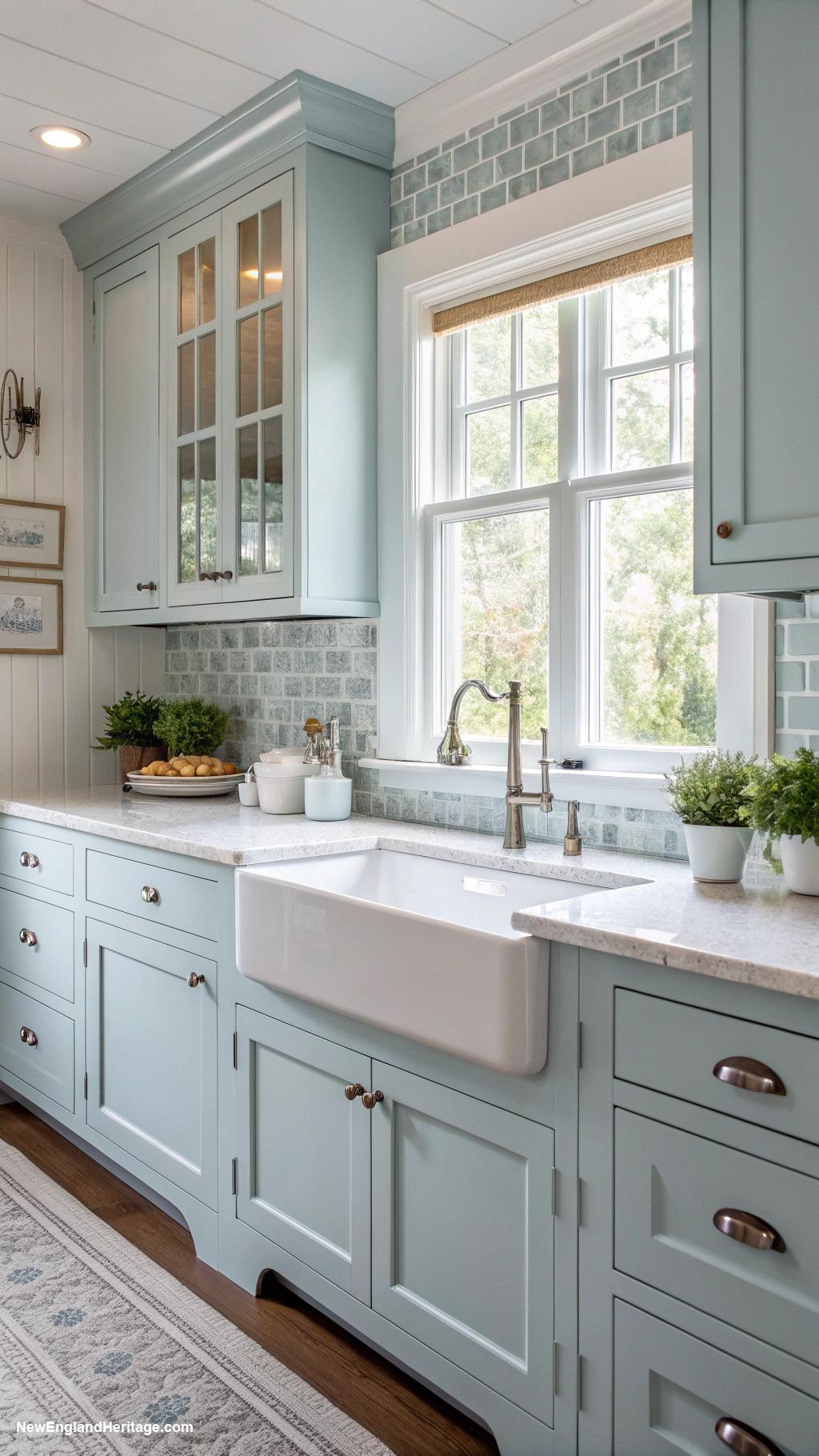 pale blue coastal kitchens Pale blue cabinets paired with white countertops