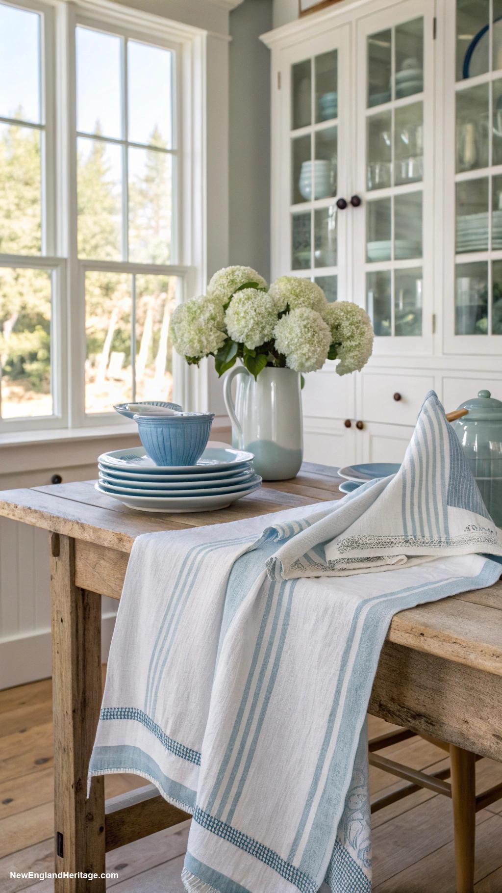 pale blue coastal kitchens Soft blue and white striped linens
