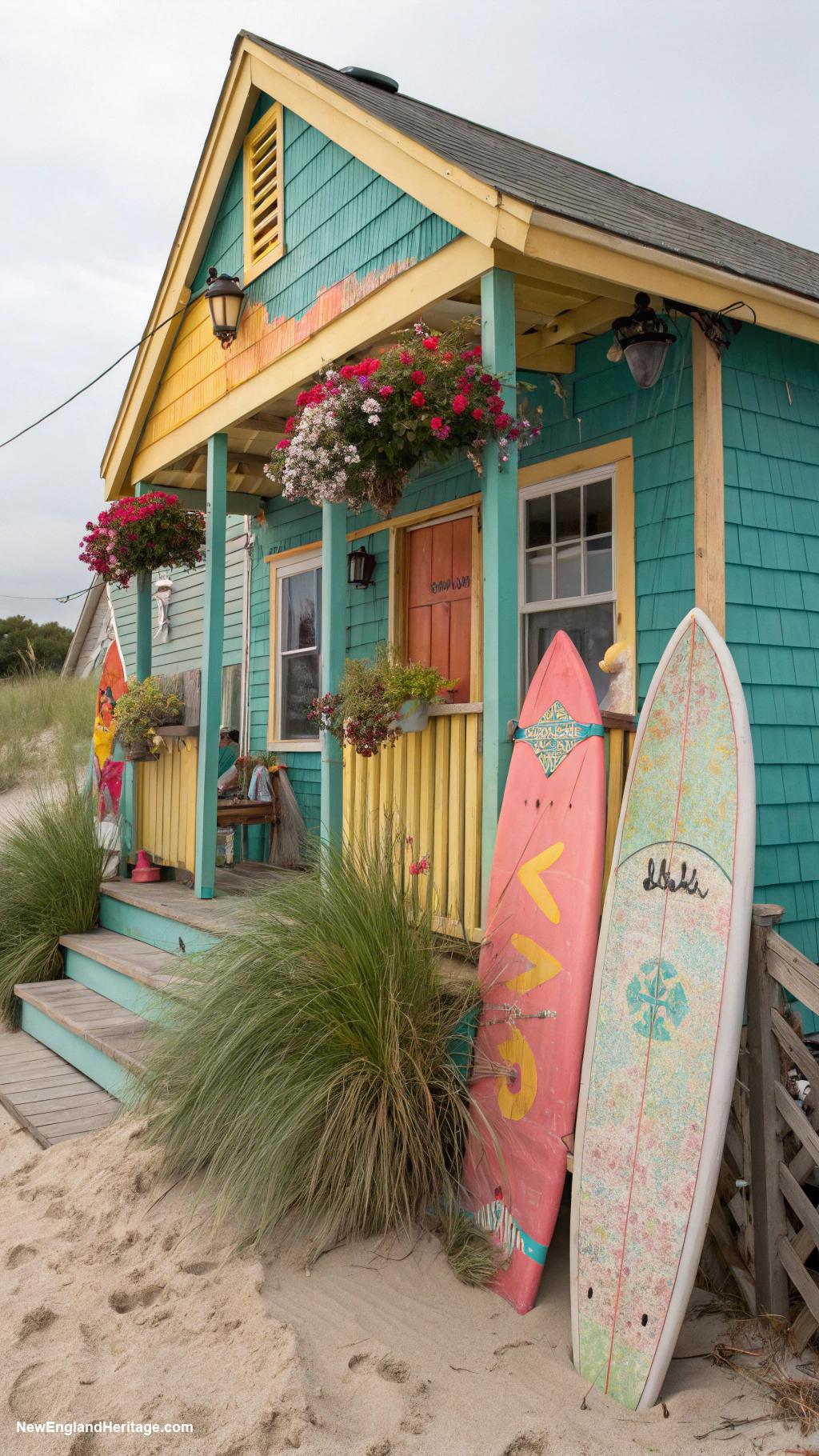 rhode island beach houses Colorful seaside shack with surfboards