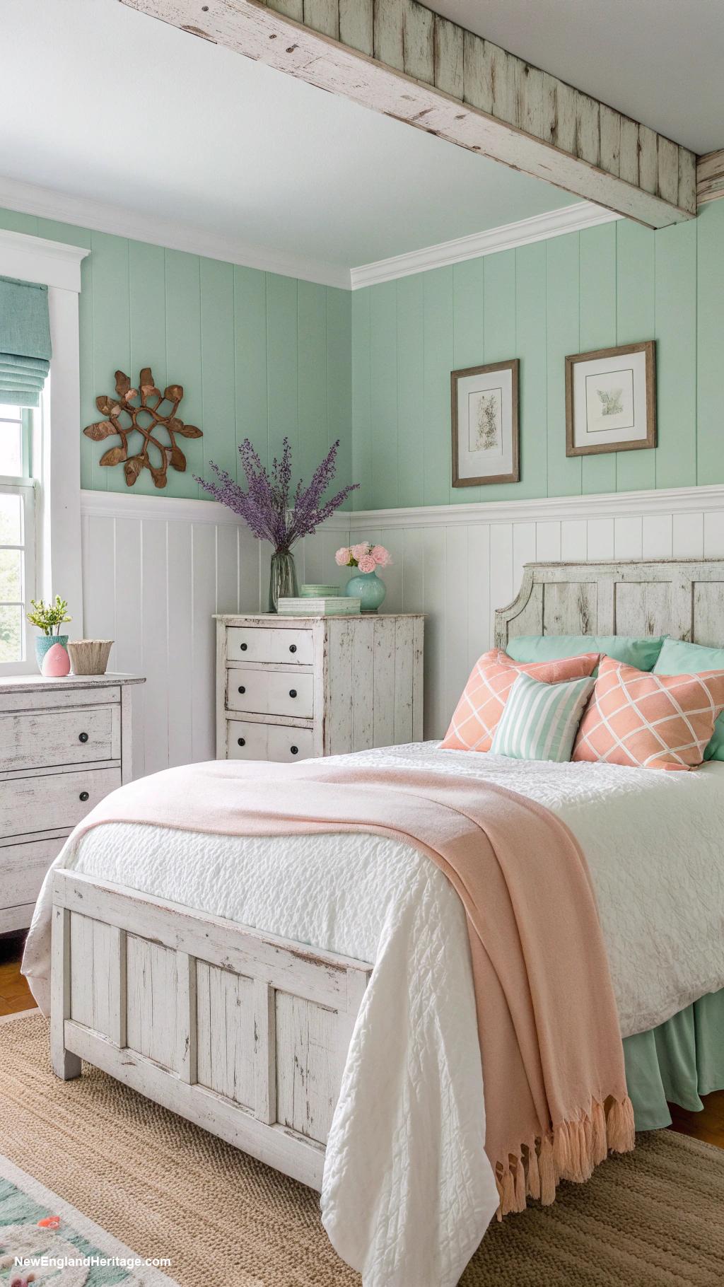 rustic coastal bedrooms Soft pastel color palette throughout room