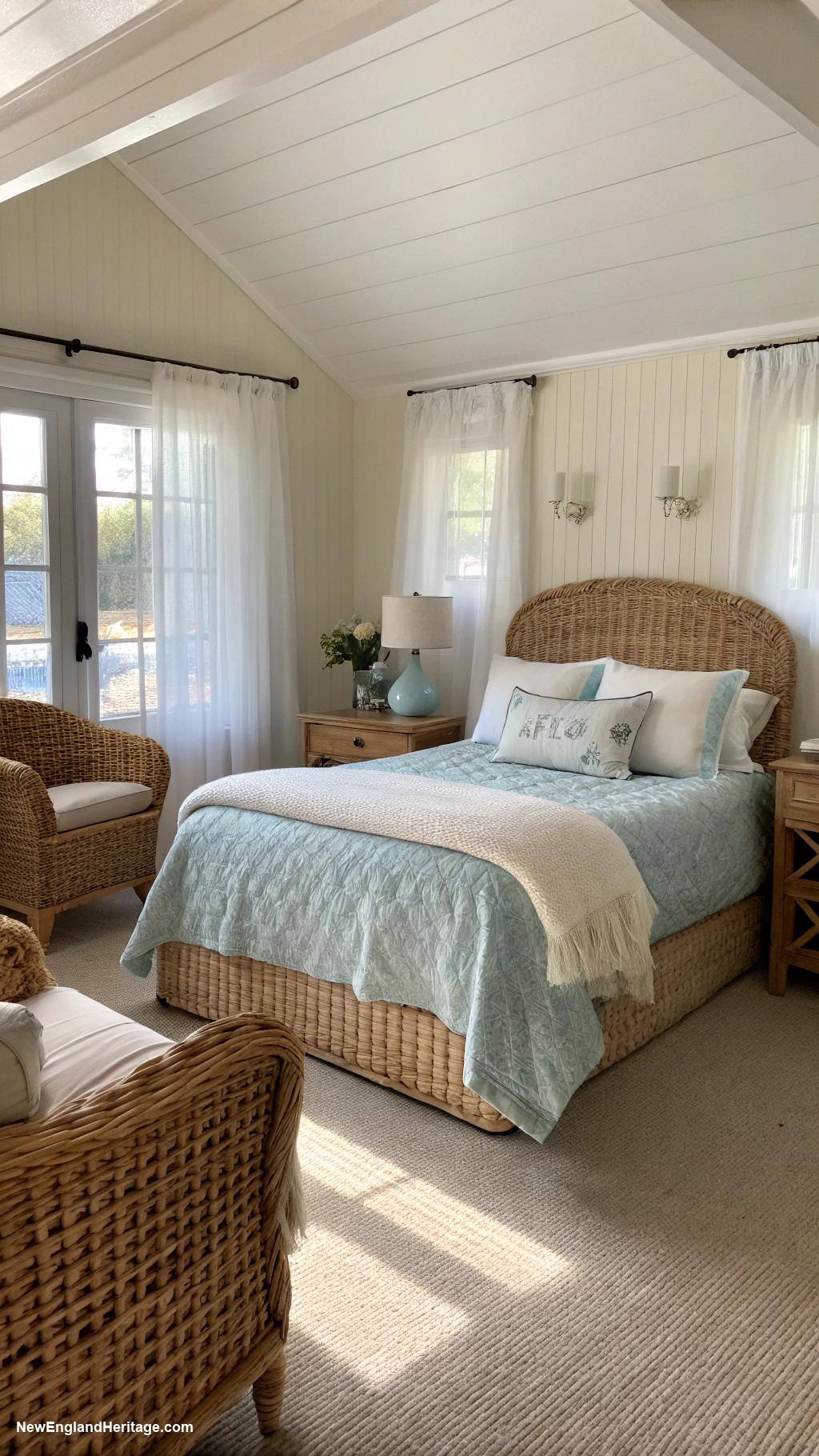 rustic coastal bedrooms Woven wicker furniture for texture