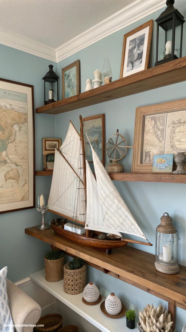 sailboat home decor ideas Wooden sailboat models on shelves