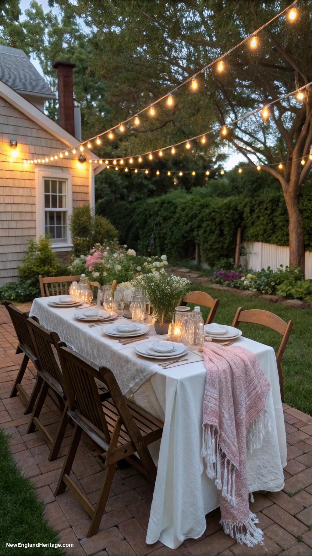 traditional backyard ideas Outdoor dining table under string lights
