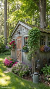 traditional backyard ideas Rustic shed for gardening tools