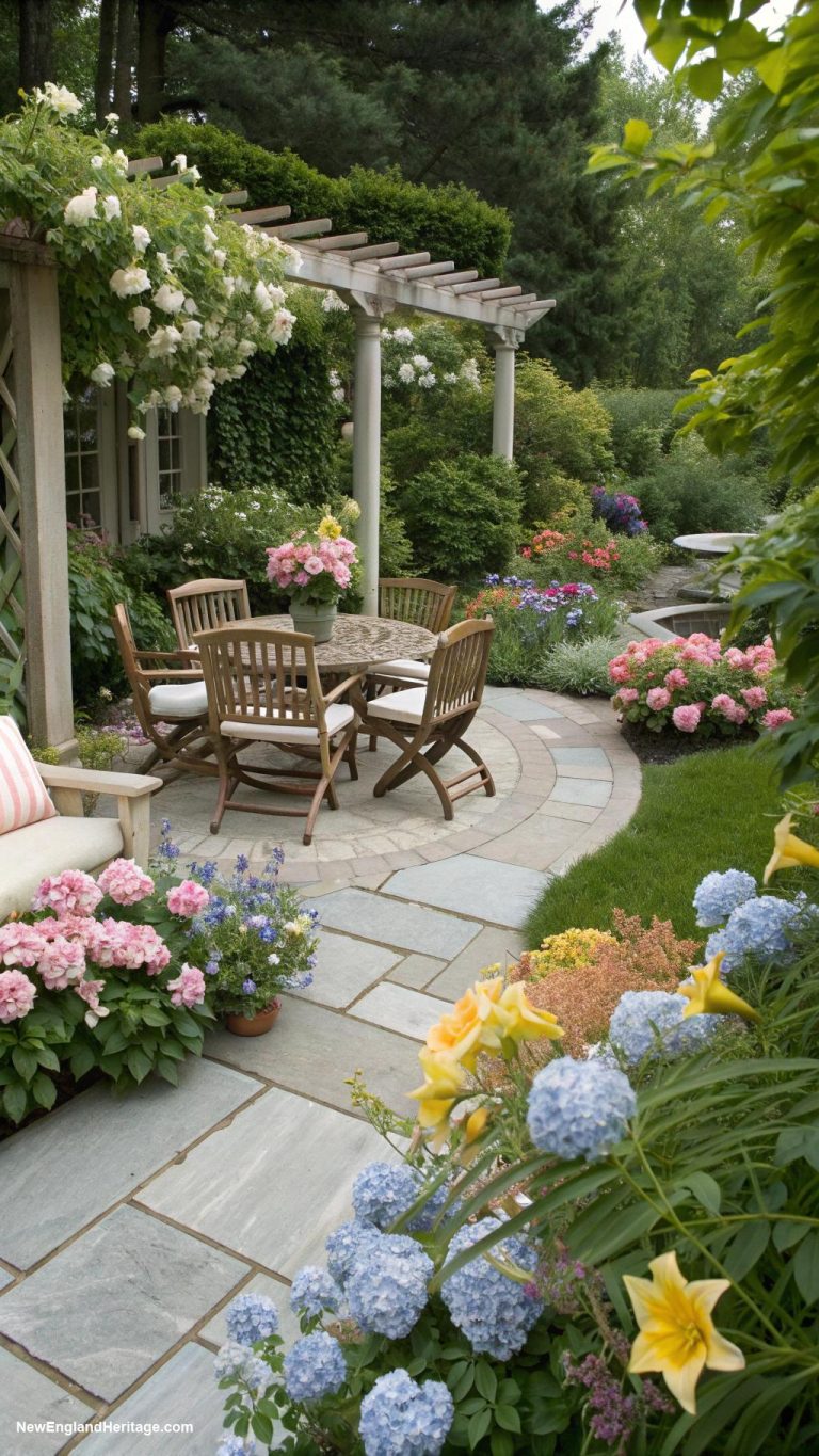 traditional patio ideas Lush garden with seasonal flower arrangements