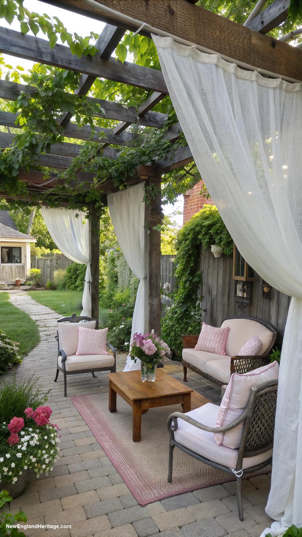 traditional patio ideas Shady pergola draped in sheer curtains