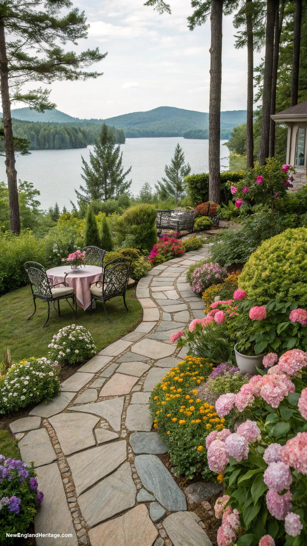 traditional patio ideas Stone pathways leading to scenic views