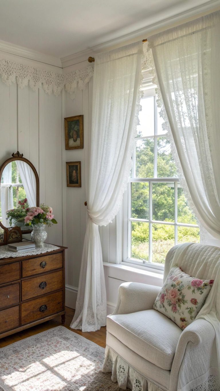 traditional white bedrooms Bright white curtains with lace trim