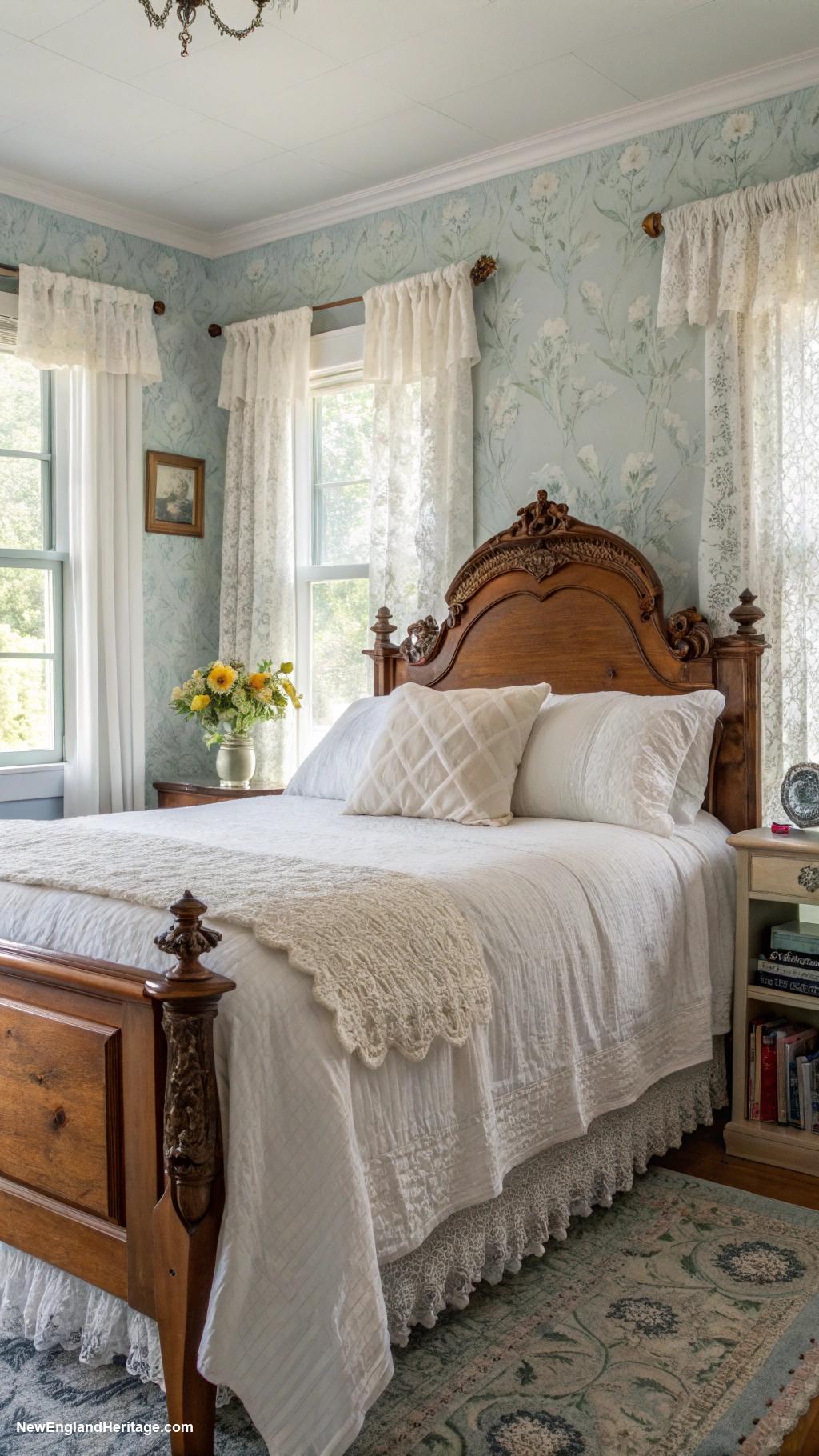 traditional white bedrooms Cozy white quilt on a vintage bed