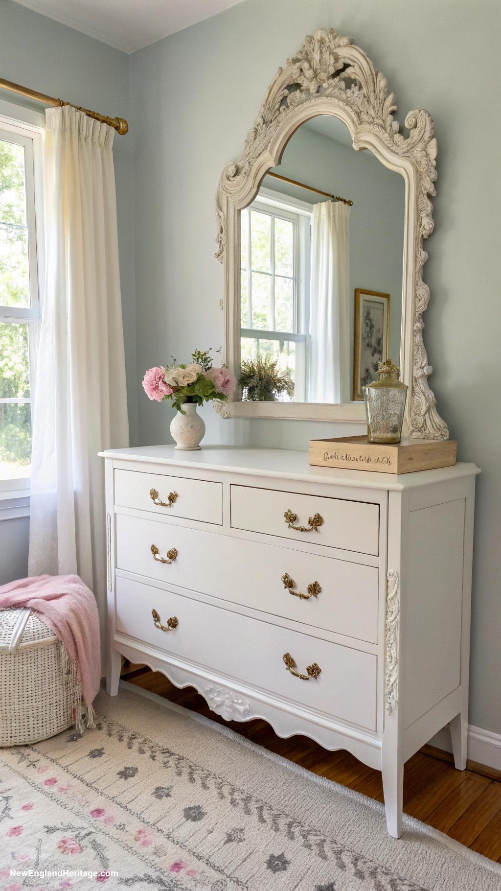 traditional white bedrooms Simple white dresser with antique mirror