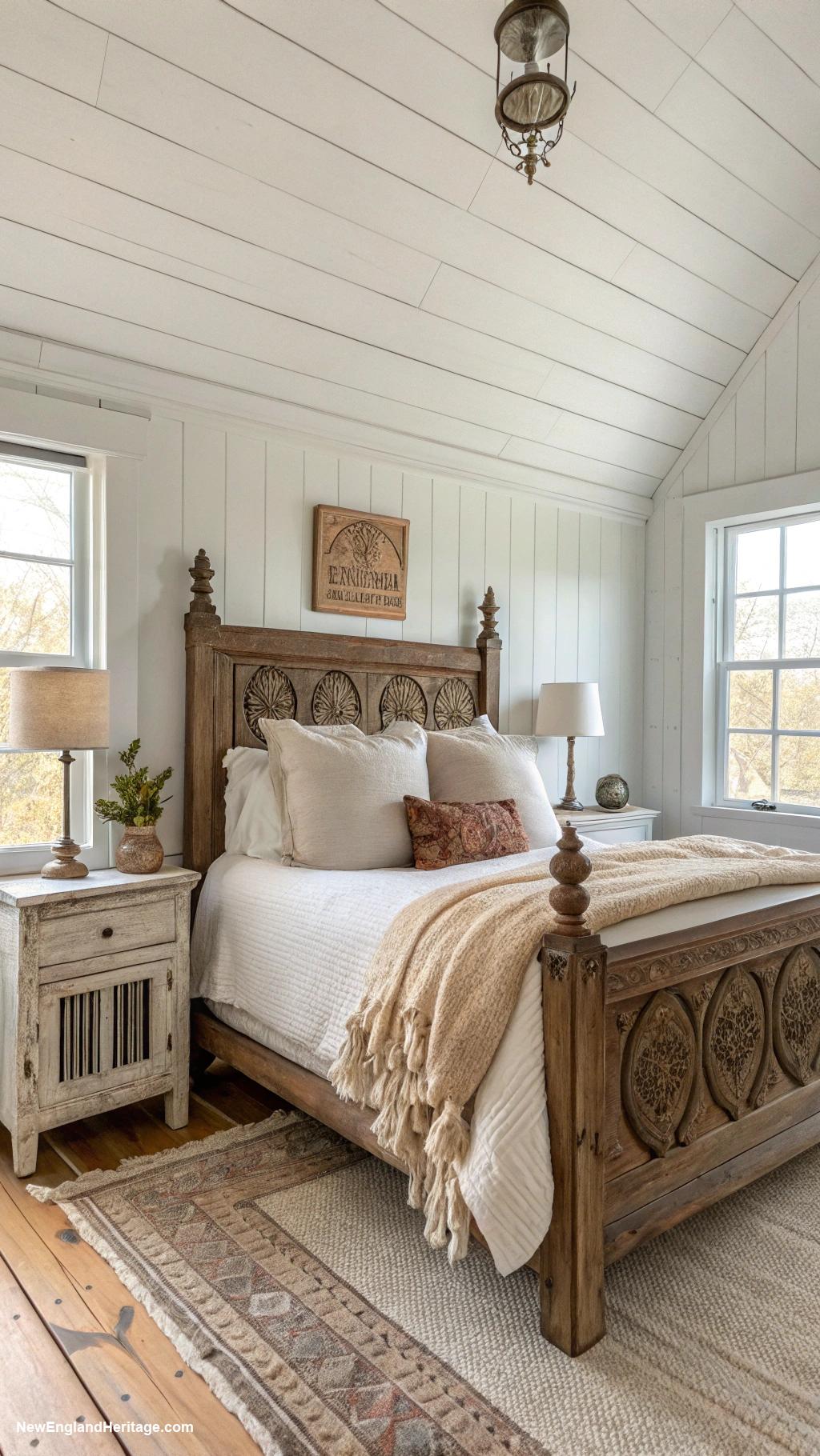 traditional white bedrooms White shiplap walls with rustic wooden accents