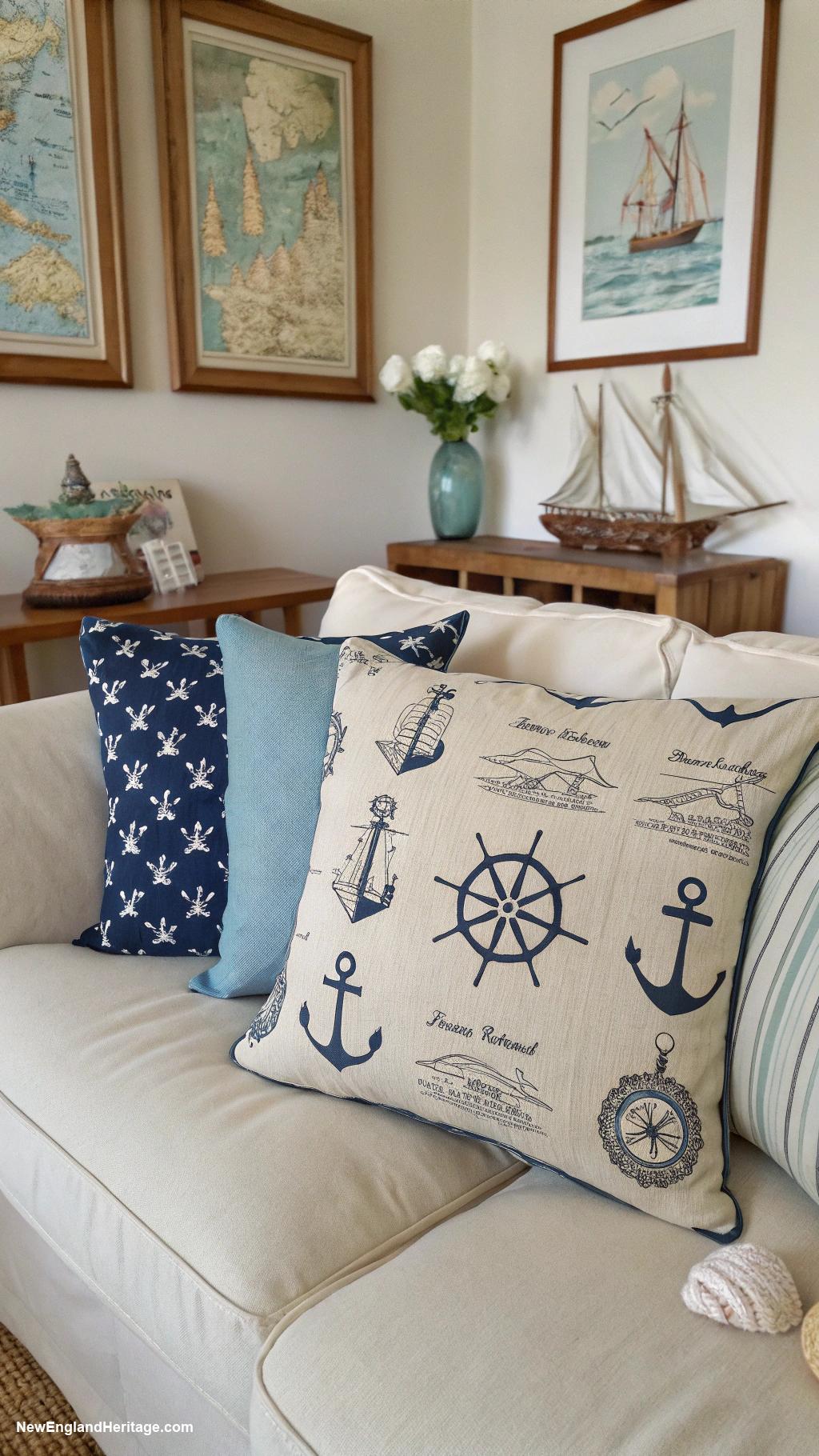 vintage nautical decor Nautical themed throw pillows on sofas