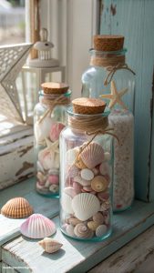 vintage nautical decor Shells displayed in glass jars