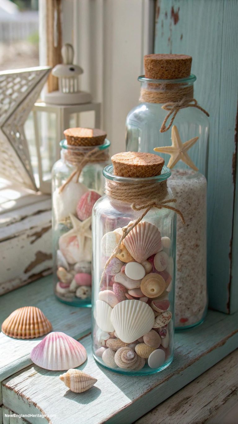 vintage nautical decor Shells displayed in glass jars