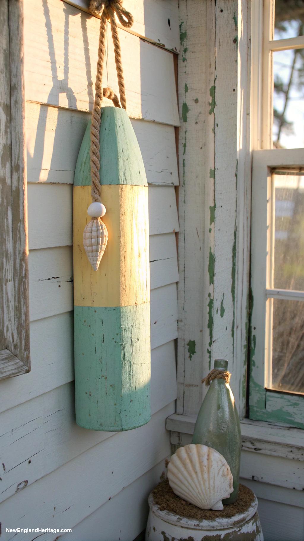 vintage nautical decor Wooden buoys hung as decorative accents