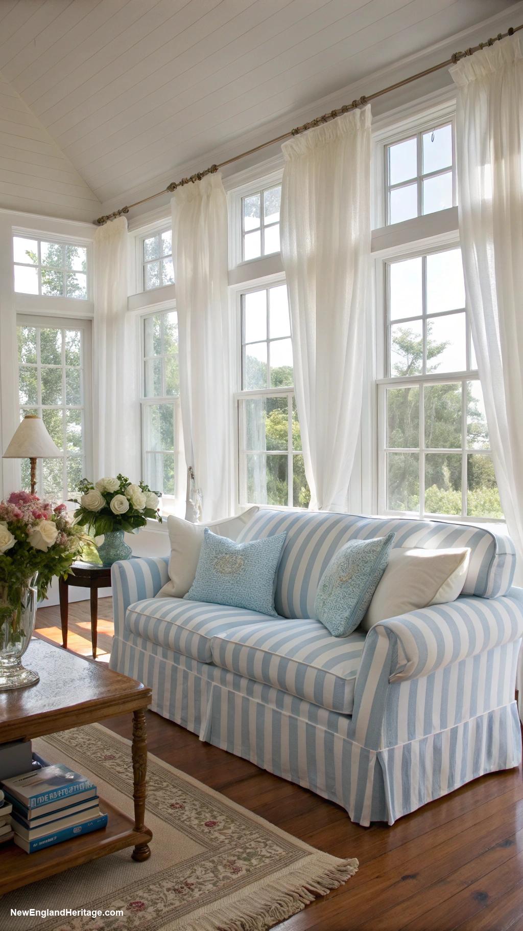 blue and white striped sofa living room ideas Brighten room with airy curtains