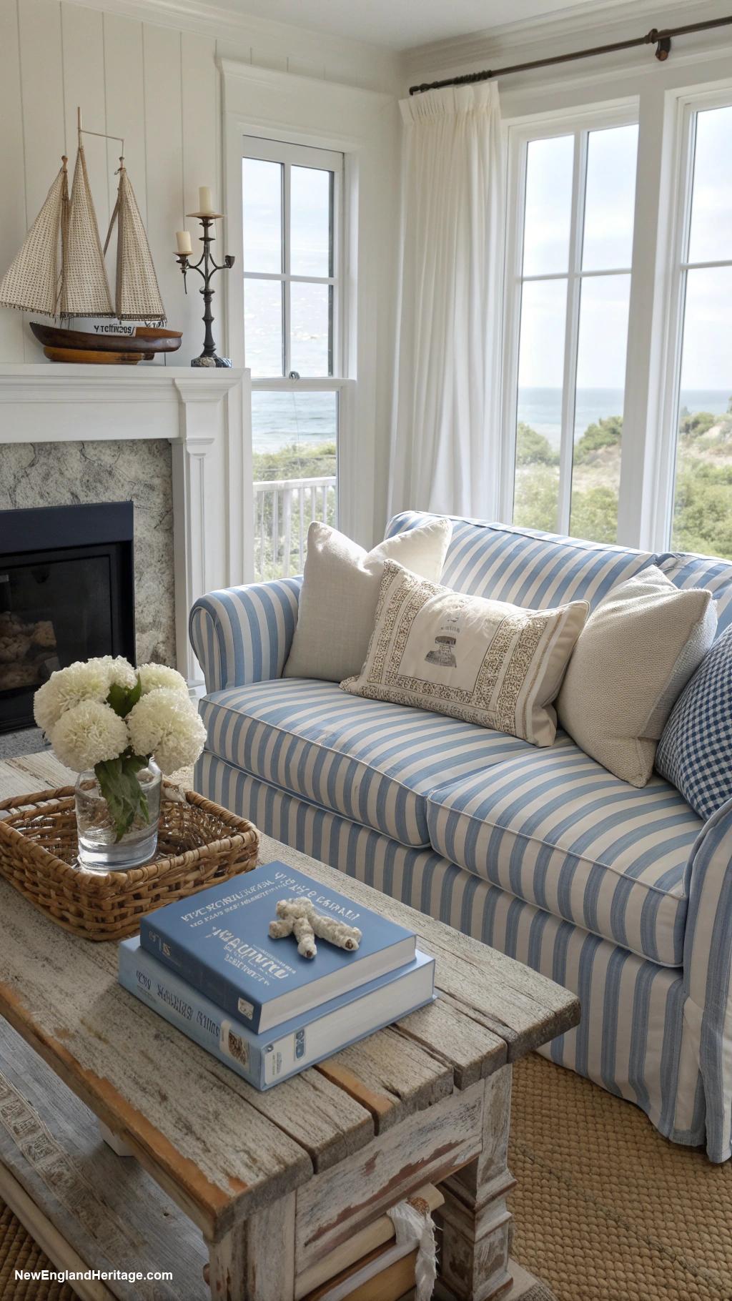 blue and white striped sofa living room ideas Coastal theme with nautical accessories