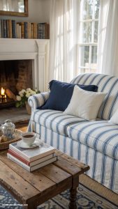 blue and white striped sofa living room ideas Create a cozy reading nook