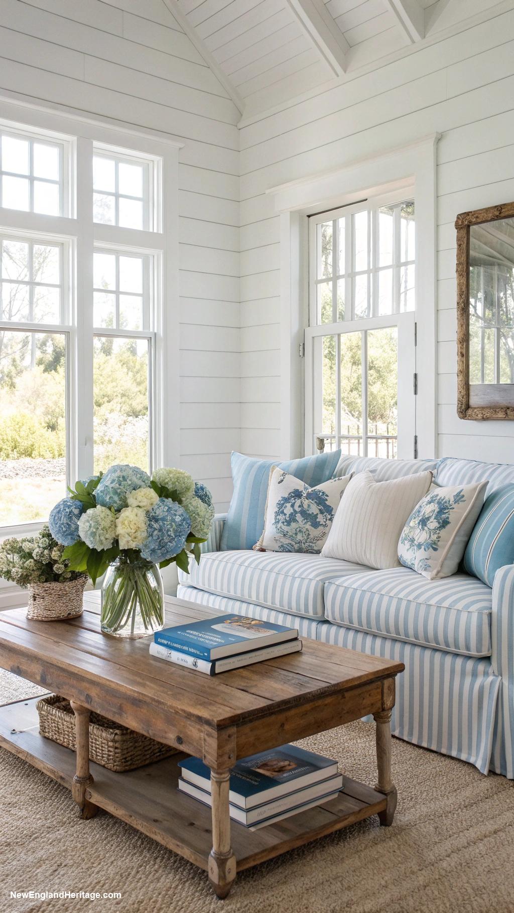 blue and white striped sofa living room ideas Incorporate white shiplap walls
