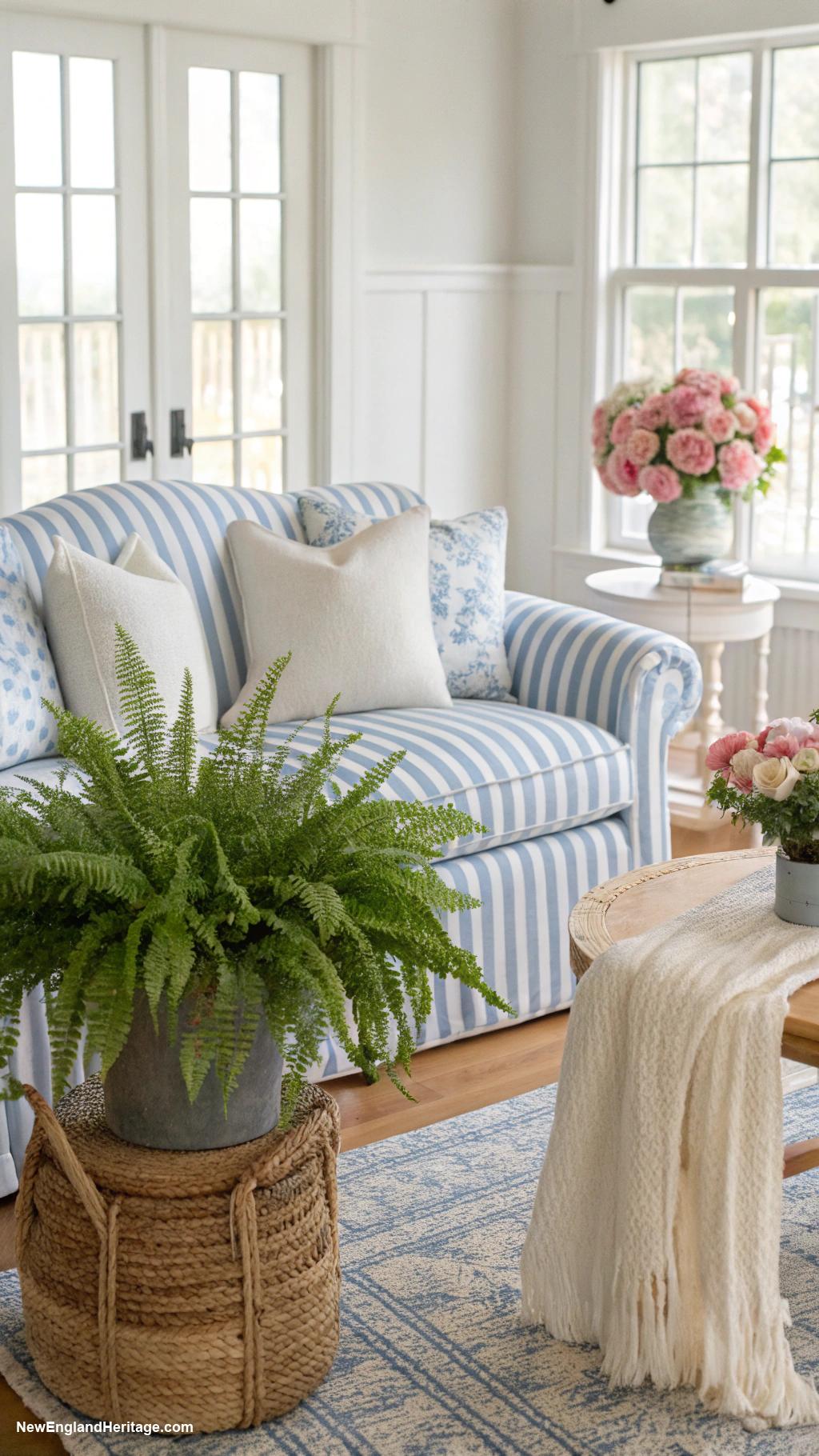 blue and white striped sofa living room ideas Introduce green plants for freshness