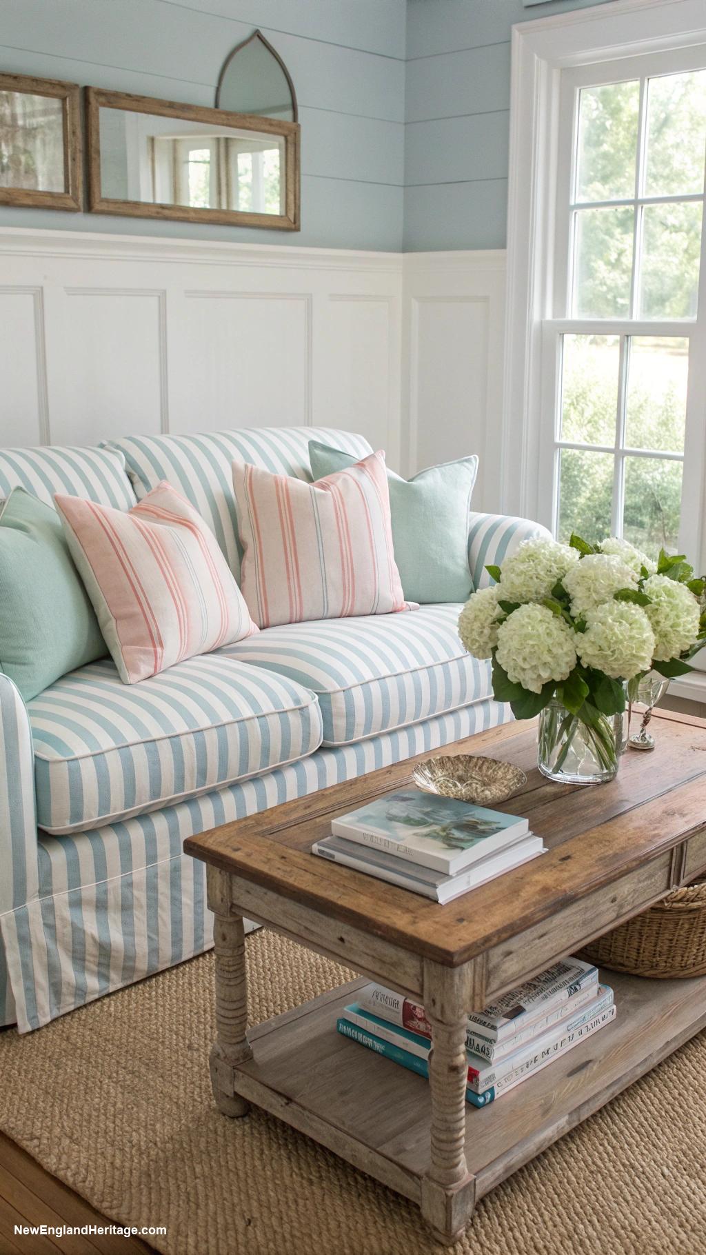 blue and white striped sofa living room ideas Pair with pastel colored throw pillows