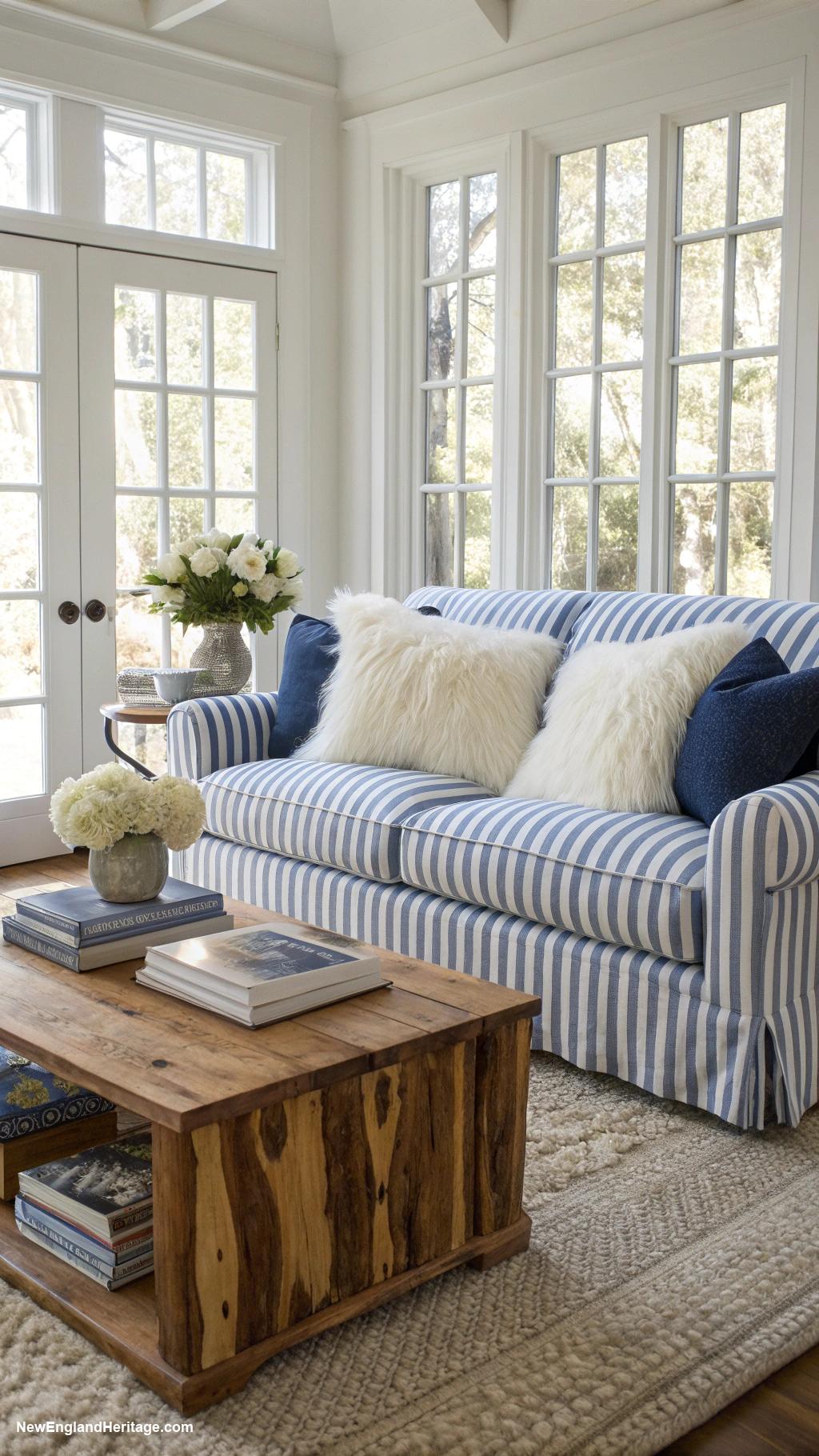 blue and white striped sofa living room ideas Use natural wood coffee tables