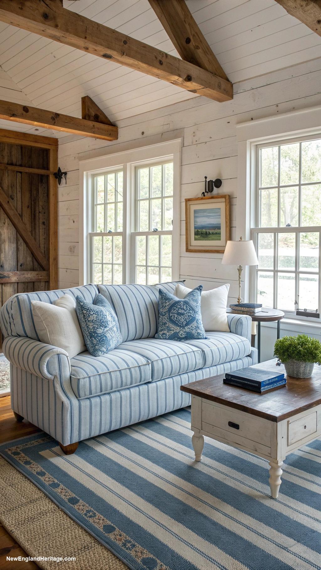blue and white striped sofa living room ideas Use striped rug for texture