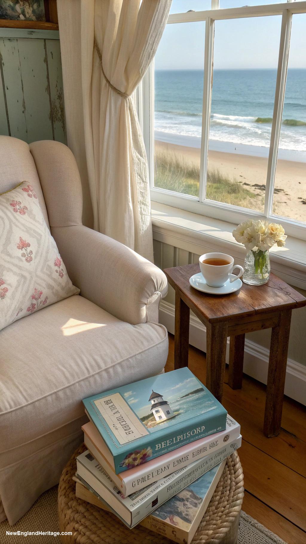 cape cod beach house Cozy reading nook with seaside books