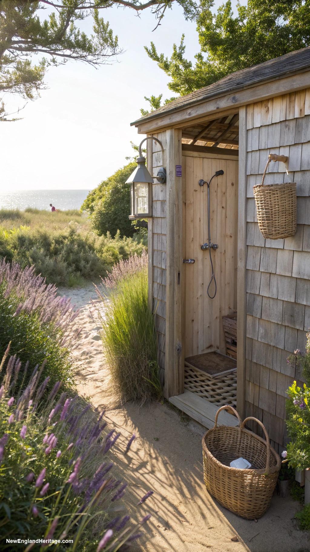 cape cod beach house Outdoor shower surrounded by privacy plants