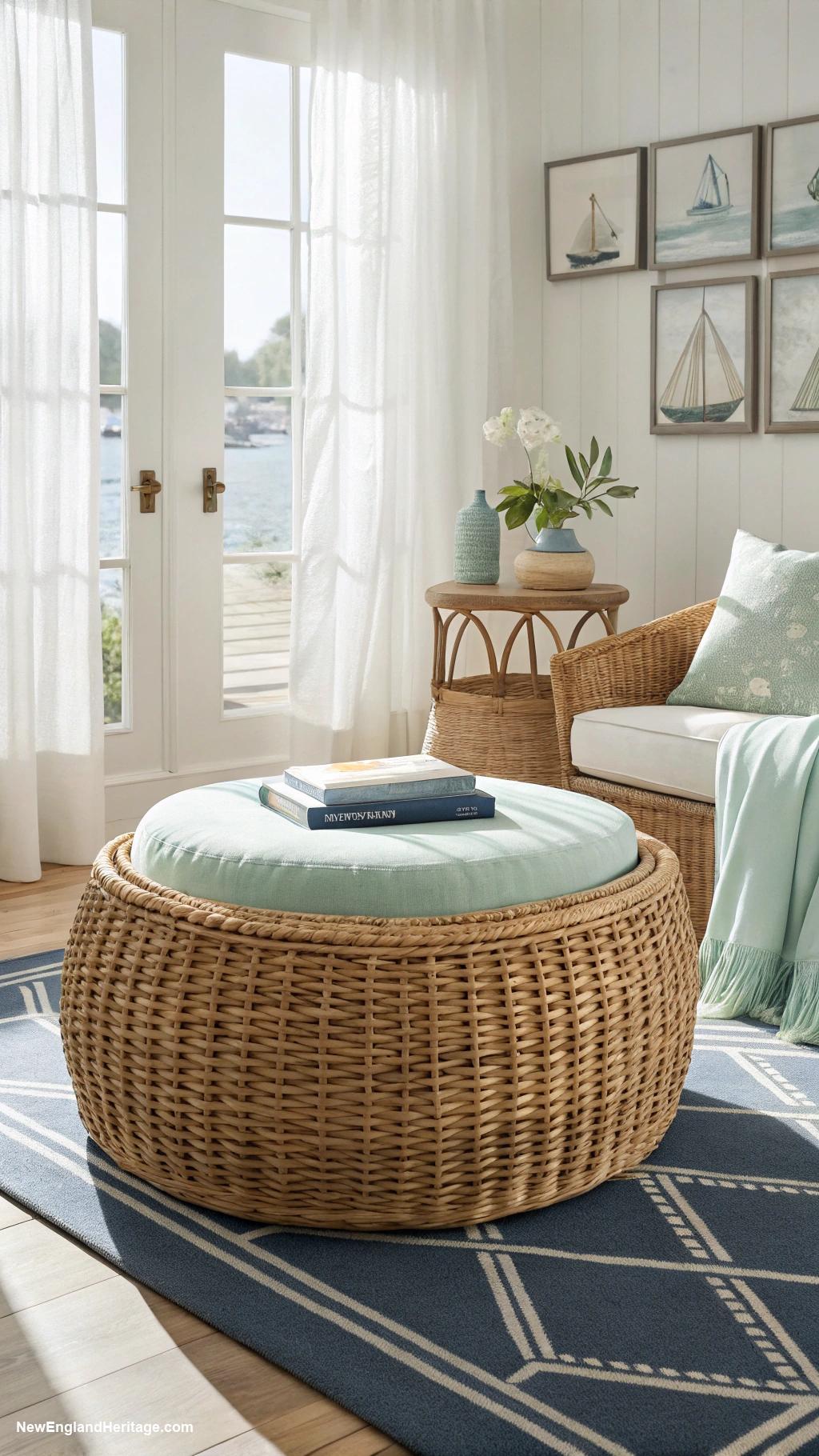 decorating with wicker Wicker ottoman as a coffee table alternative