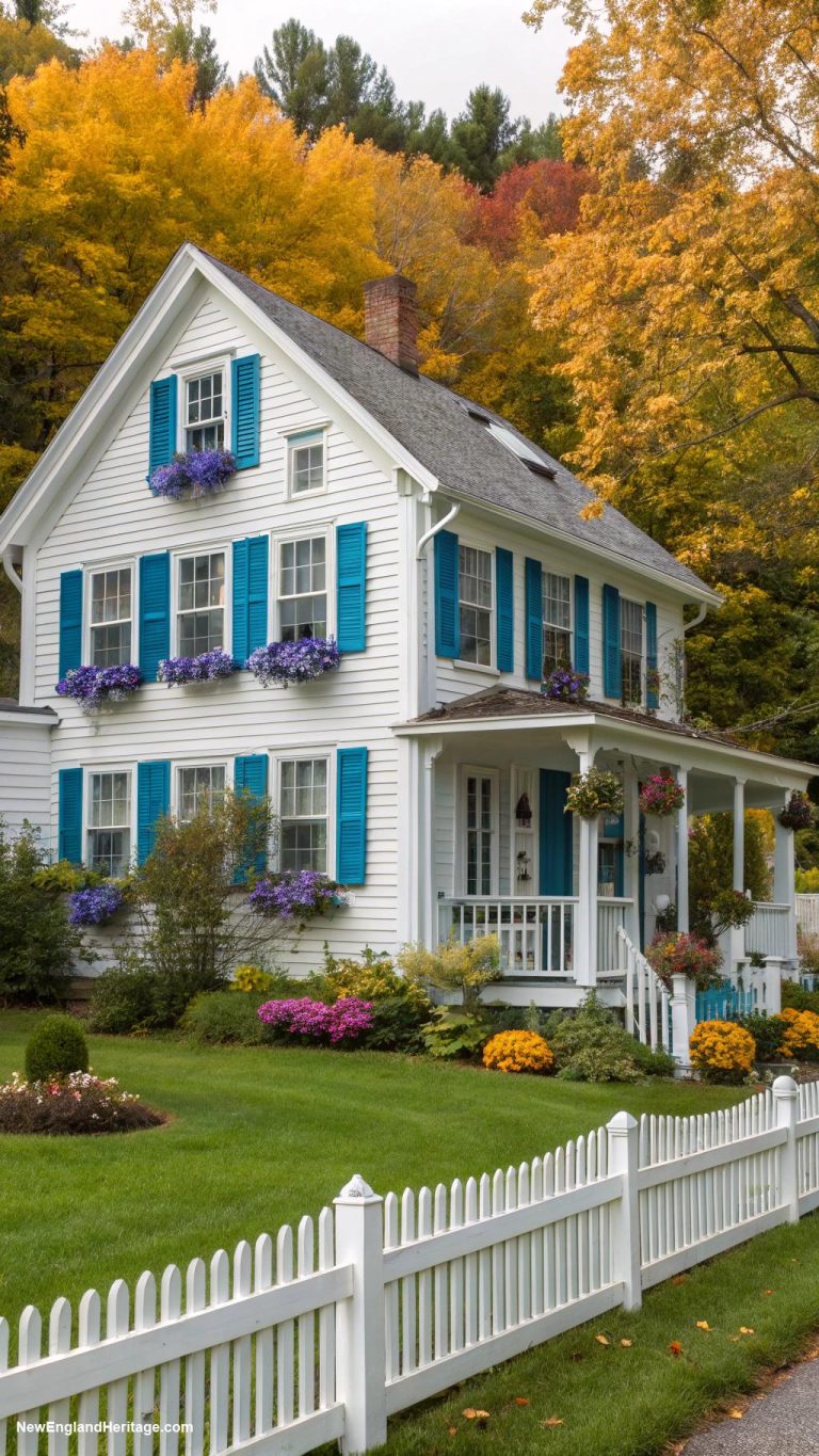 houses with shutters Bright blue shutters on white clapboard house