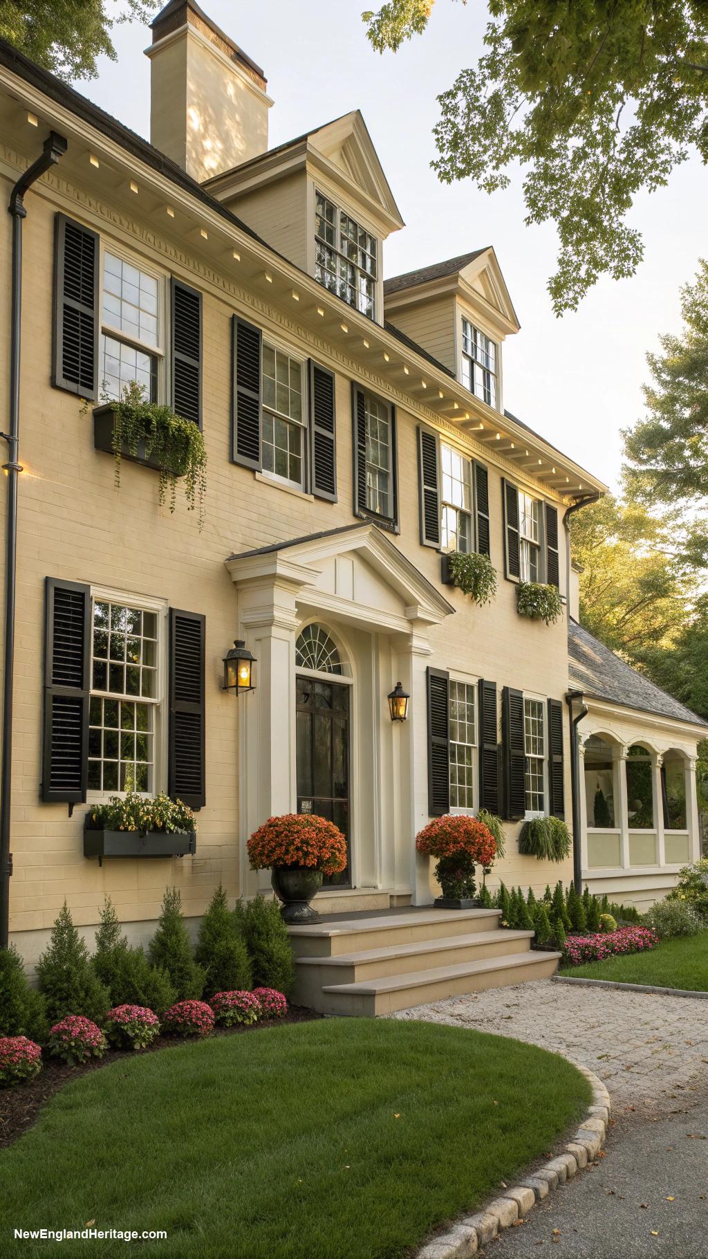 houses with shutters Elegant black shutters on a beige house