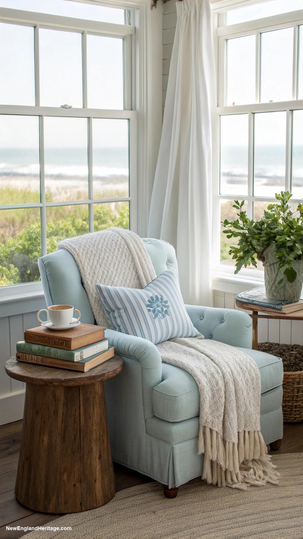 nantucket beach house Cozy reading nook by large windows
