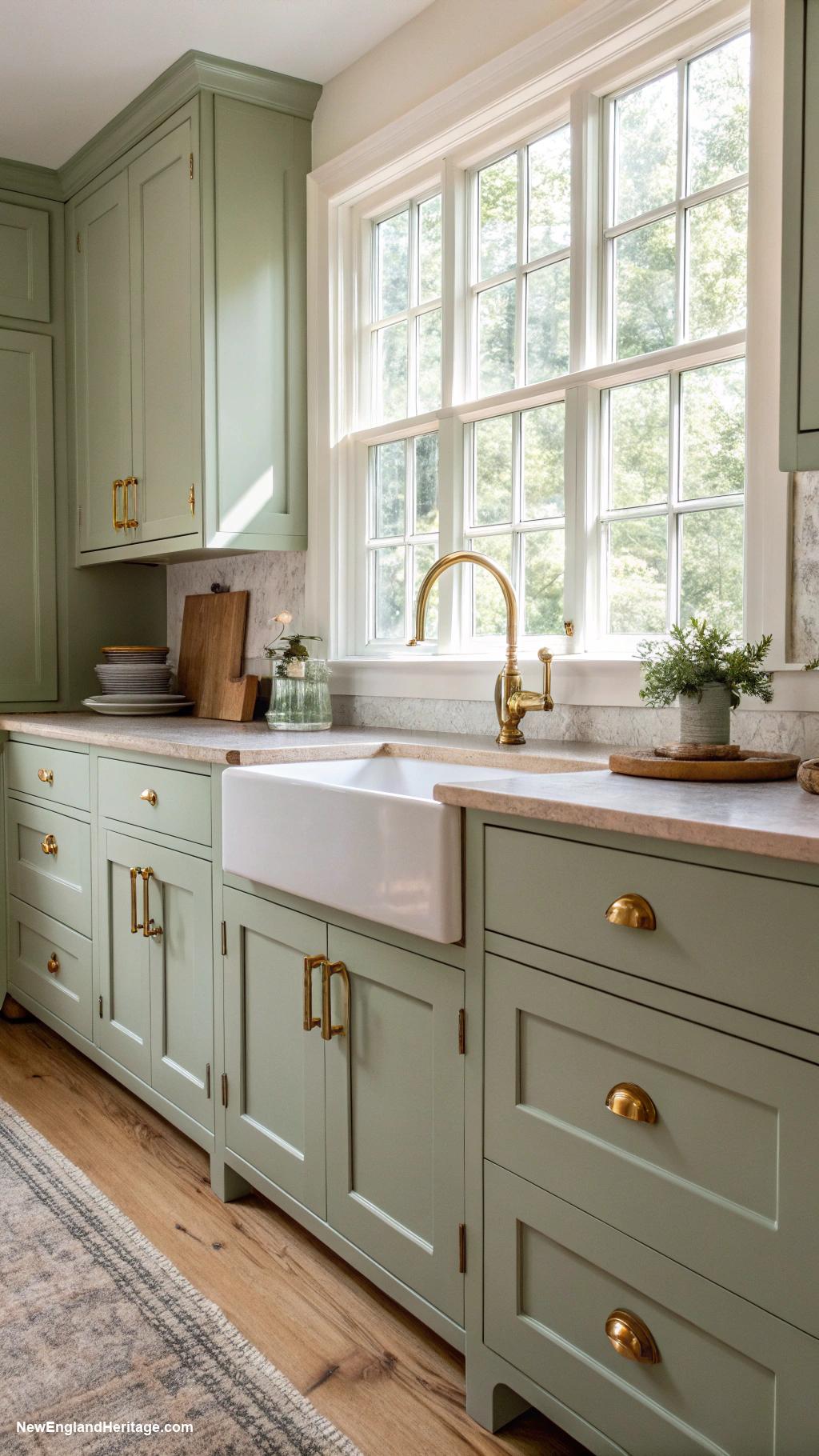 sage green kitchens Matte sage cabinets with brass hardware