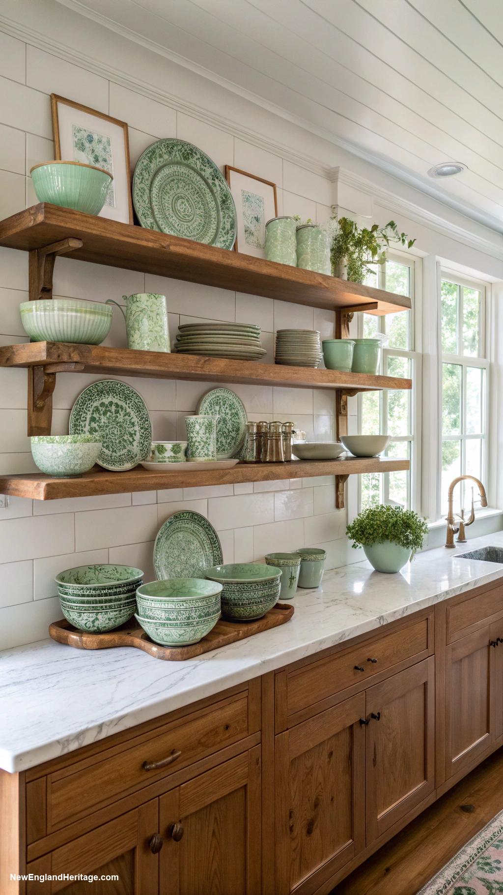 sage green kitchens Open shelving showcasing sage dinnerware